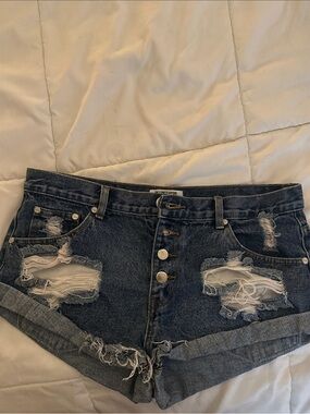 One Teaspoon Distressed Dark Blue Denim Shorts